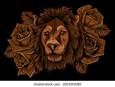 Lion with roses on black background. Vector illustration
