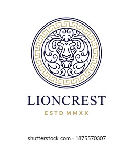 lion round seal crest outline monoline logo vector icon illustration