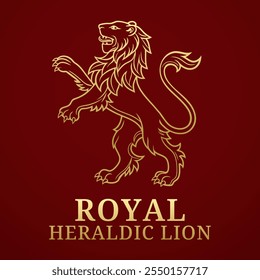 Lion. Royal heraldic emblem. Symbol of strength, courage and generosity. Lion standing on its hind legs, with front legs rushing to the combat. Tongue protruding from its mouth, tail raised upwards.