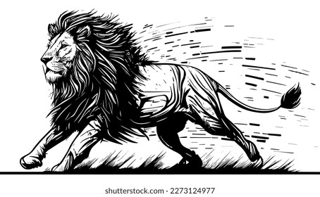 Lion running vector black line illustration isolated white. Sketch art