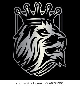 Lion s head with crown in front of shield. Heraldic element for design on the background. Vector color illustration.