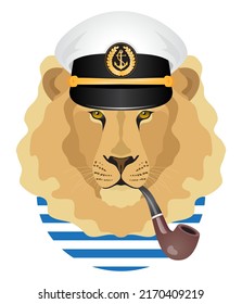 Lion sailor captain in a hat with a smoking pipe. Nautical print, avatar, portrait, head. Isolated vector illustration on white background