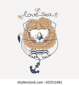  lion sailor/hand drawn vector illustration/ can be used for kid's or baby's shirt design/fashion graphic/kids wear /tee