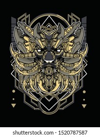 lion samurai head with sharp horn and sacred geometry 