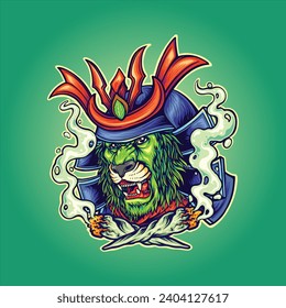 Lion samurai tranquil cannabis smoke vector illustrations for your work logo, merchandise t-shirt, stickers and label designs, poster, greeting cards advertising business company or brands