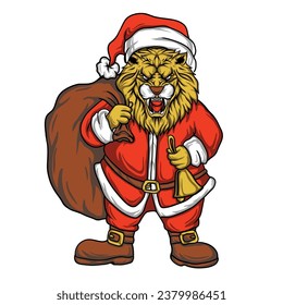 león Santa claus lindo con un saco de regalos 