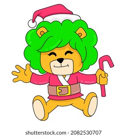 lion in santa dress celebrating christmas, vector illustration art. doodle icon image kawaii.