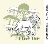 Lion and savanna trees print. Hand drawn sketches. Vector Illustration