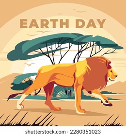 A lion in a savannah landscape. Wild fauna. Environmental protection. Vector flat illustration