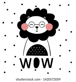 Lion saying WOW vector print.Scandinavian style.Design for  cards, posters, cards, t-shirts, book, textile.
