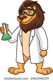Lion scientist holding a chemistry vial vector illustration
