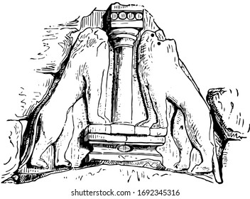 Lion sculpture is at gate at Mycenae, vintage engraving.
