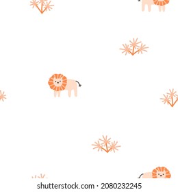 Lion seamless minimalistic pattern with leaves. Cute cartoon characters on a white background. Hand-drawn illustrations in Scandinavian style. Ideal for baby test, clothing, wallpaper