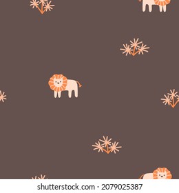 Lion seamless minimalistic pattern with palm trees. Cute cartoon characters on a brown background. Hand-drawn illustrations in Scandinavian style. Ideal for baby test, clothing, wallpaper