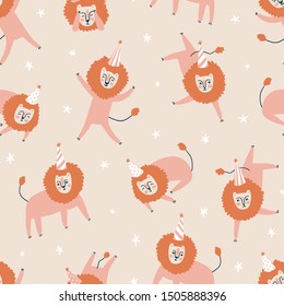 Lion seamless pattern. Funny characters in different poses. Vector cute design for birthday party.