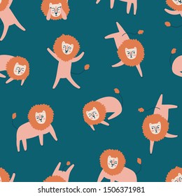 Lion seamless pattern. Funny characters in different poses. Vector cute zoo design for kids.