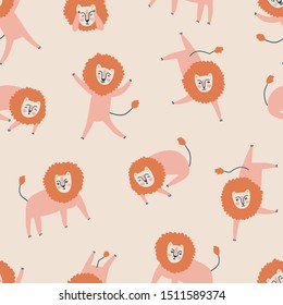 Lion seamless pattern. Funny characters in different poses. Vector cute design for birthday party.