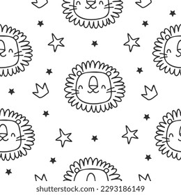 Lion seamless pattern. Hand drawn cute background