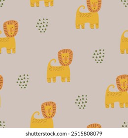 Lion seamless pattern hand drawn cute kids background vintage retro pallete