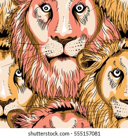 Lion seamless pattern. Vector illustration on black background