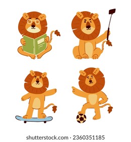 Lion . Set of cute cartoon characters . Hand drawn style . White isolate background . Vector .