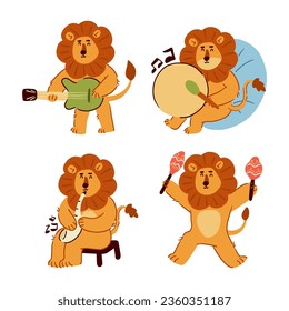 Lion . Set of cute cartoon characters . Hand drawn style . White isolate background . Vector . Musical concept .