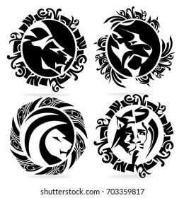 Lion set, on white background, illustration, tribal