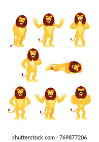Lion set poses and motion. Wild animal happy and yoga. Beast sleeping and angry. guilty and sad. Vector illustration