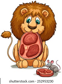 A lion sharing his food idiom on a white background