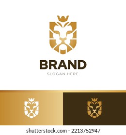 Corona de escudo de león creativo logo plantilla de diseño vector con tres colores armonía combinación oro elegante, lujo de marca premium identidad 