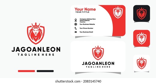 Lion shield with crown logo and business card design vector template