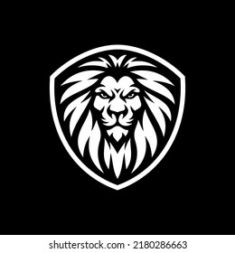 Lion shield emblem logo design. Lion badge vector illustration on dark background