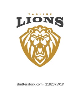 Lion shield emblem logo design. Lion mascot vector illustration