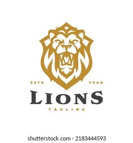 Lion shield emblem logo design. Mascot vector illustration