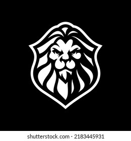 Lion shield emblem logo design. Mascot vector illustration on dark background