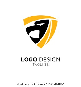 Lion shield emblem/badge logo, simple flat black and yellow color logo style on white background