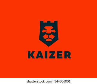 Lion shield, fortress, tower vector logo design template. Universal premium elegant creative symbol. Lion face crown logotype emblem template for business, t-shirt design. 