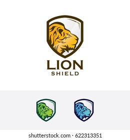 Lion shield logo design. Defense, Protection, Animal and Insurance logo concept. Vector logo template