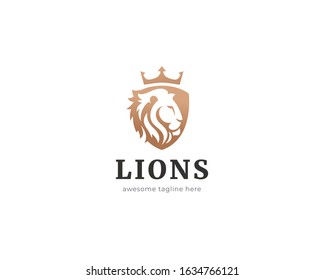 Lion shield logo design template. Lion head logo vector illustration