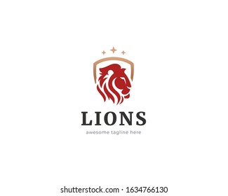 Lion shield logo design template. Lion head logo vector illustration