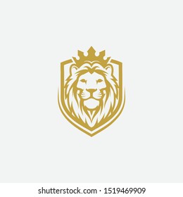 lion shield luxury logo icon, elegant lion shield logo design illustration, lion head with crown logo, lion shield symbol