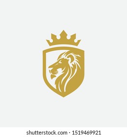 lion shield luxury logo icon, elegant lion shield logo design illustration, lion head with crown logo, lion shield symbol