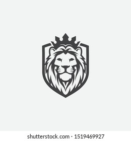 lion shield luxury logo icon, elegant lion shield logo design illustration, lion head with crown logo, lion shield symbol