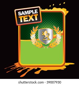 lion shield on orange splattered advertisement