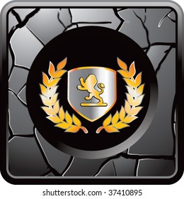 escudo de león en botón de web con grietas de plata