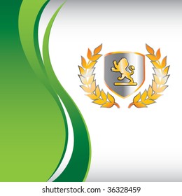 lion shield on vertical green wave backdrop