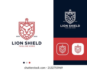 lion shield with sword line art logo design