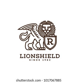 Lion with a shield and wings logo template design in linear style. Vector illustration.