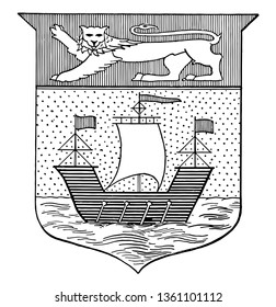 A Lion And A Ship Showing New Brunswick Coat Of Arm Vintage Line Drawing.