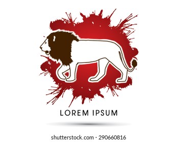 Lion side view, designed on grunge splash blood background, graphic vector.